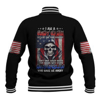 Black unisex baseball jacket with back skull graphic, stars-and-stripes text, striped ribbed hem