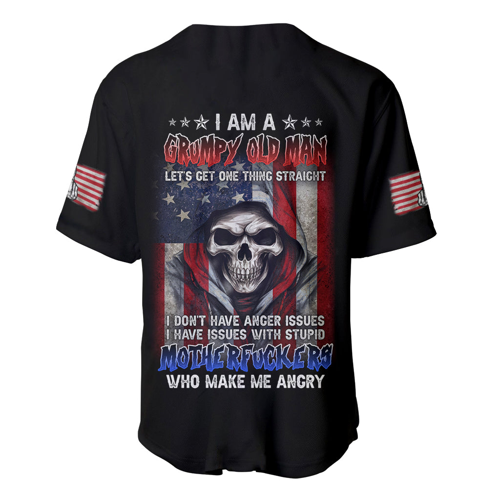 Black baseball jersey back with skull graphic and patriotic star striped text