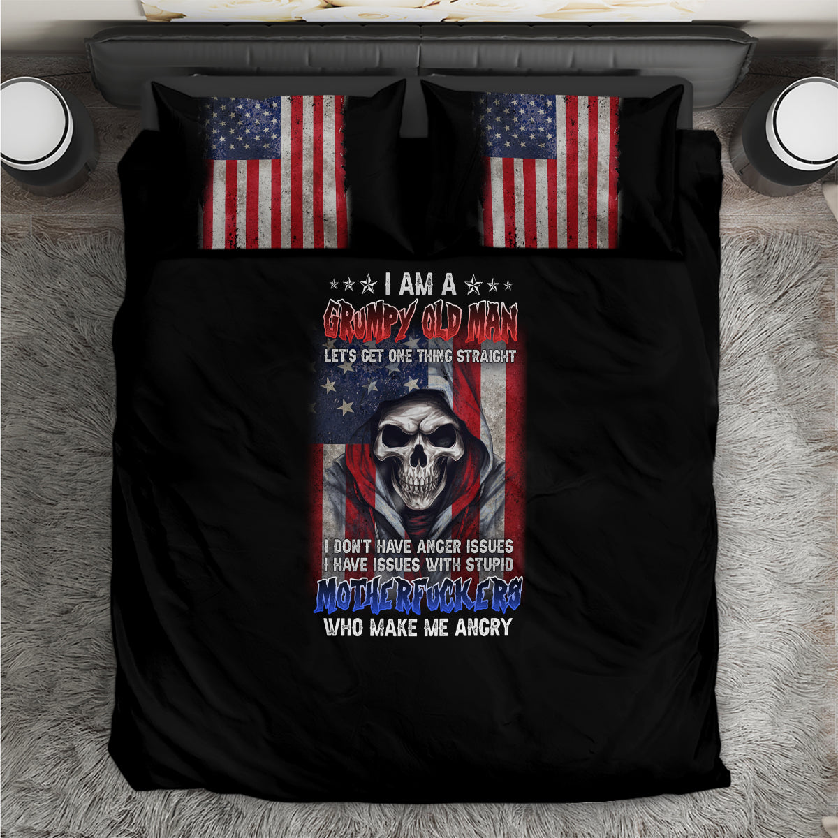 Black comforter with centered skull graphic, flanked by two US flag pillowcases