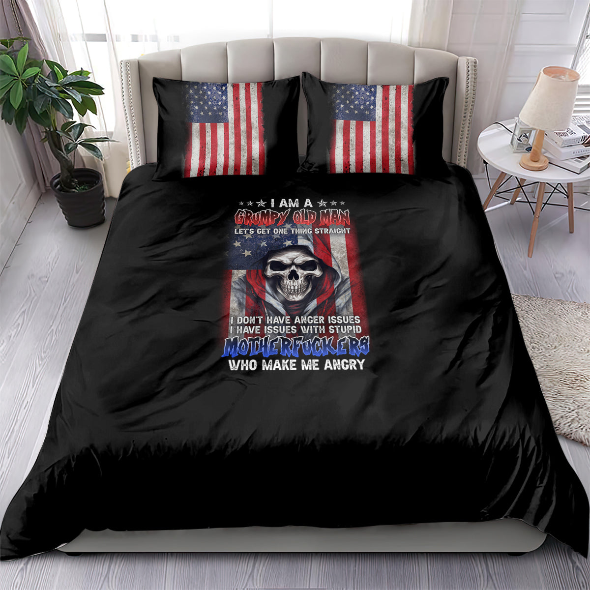 Black bedding set with two US flag pillows and skull graphic on comforter