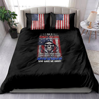 Black bedding set with two US flag pillows and skull graphic on comforter