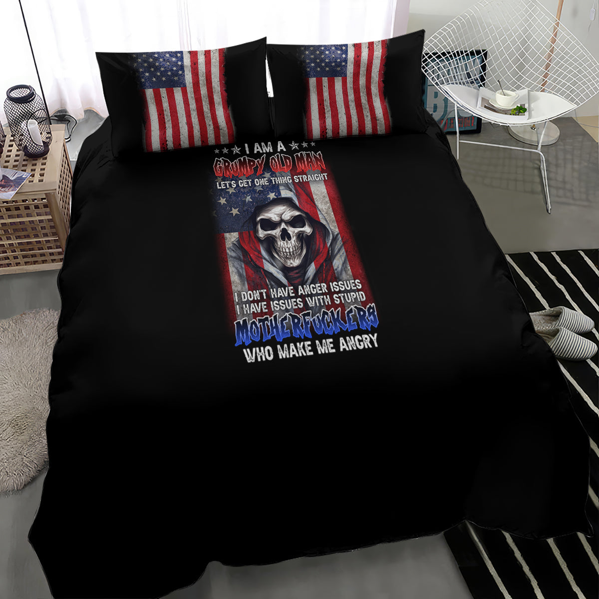Black bedding set with two US flag pillows and skull artwork centered on duvet