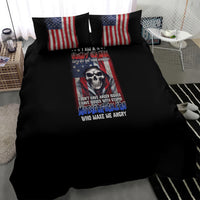Black bedding set with two US flag pillows and skull artwork centered on duvet