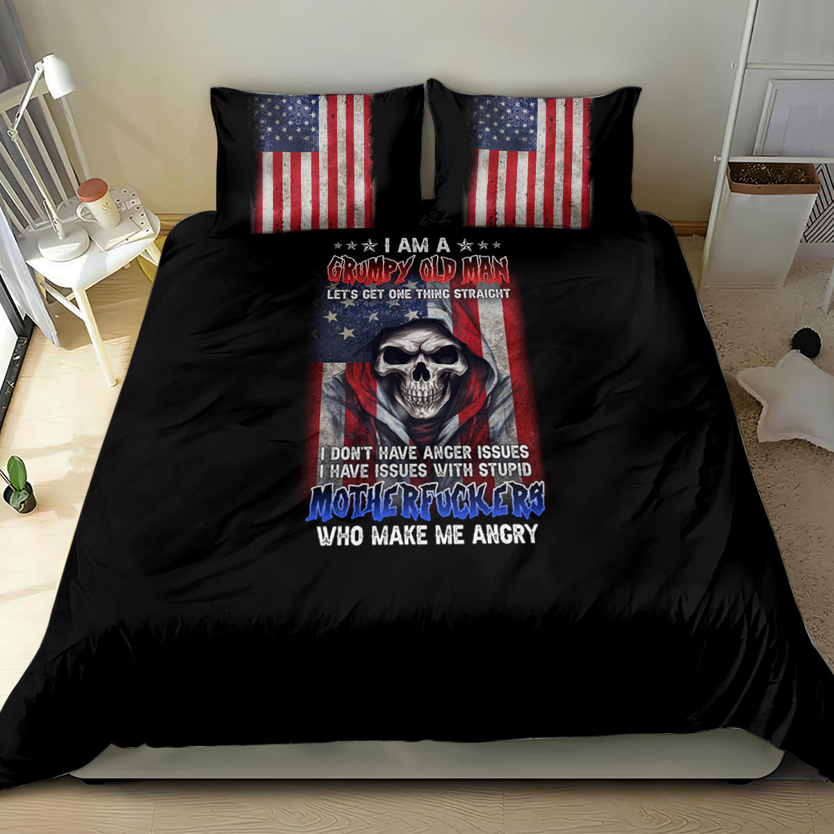 Black bedding set featuring a skull graphic and two US flag pillows