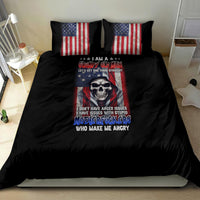 Black bedding set featuring a skull graphic and two US flag pillows