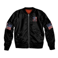 Black satin bomber jacket with front zipper and American flag sleeve patches