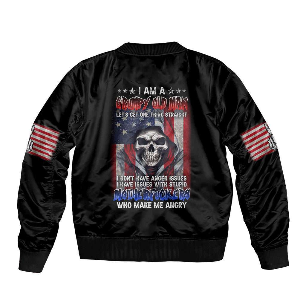 Black bomber jacket back graphic with skull and text, plus American flag sleeve patches