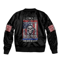 Black bomber jacket back graphic with skull and text, plus American flag sleeve patches