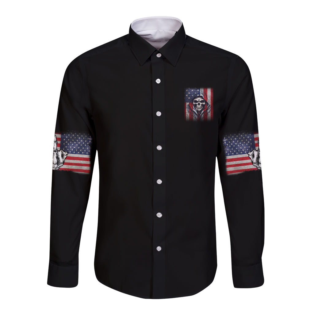 Black long-sleeve button-up shirt with front pocket graphic and patriotic flag sleeve accents