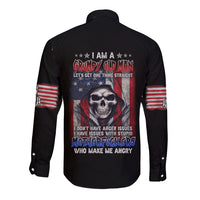 Black long-sleeve button-up shirt, back skull graphic with bold text and flag sleeve panels