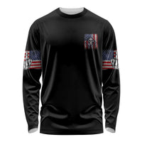 Black unisex long-sleeve crew shirt with small skull graphic and patriotic sleeve flags