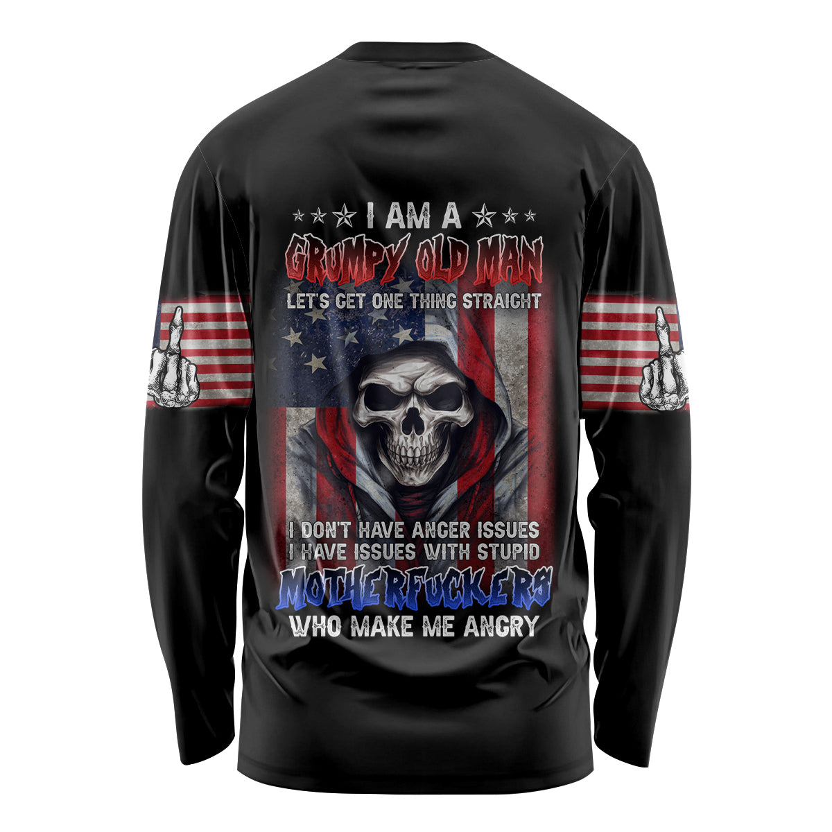Black unisex long-sleeve crew shirt with large skull back print and patriotic flag sleeves