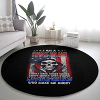 Round black carpet rug with centered grumpy old man skull and red-blue patriotic flag