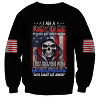 Black unisex sweatshirt with back skull, U.S. flag, and grumpy quote text