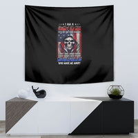 Black tapestry wall hanging with skull emblem and multicolor patriotic lettering