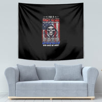 Black tapestry wall hanging with skull graphic and stacked quote-style text