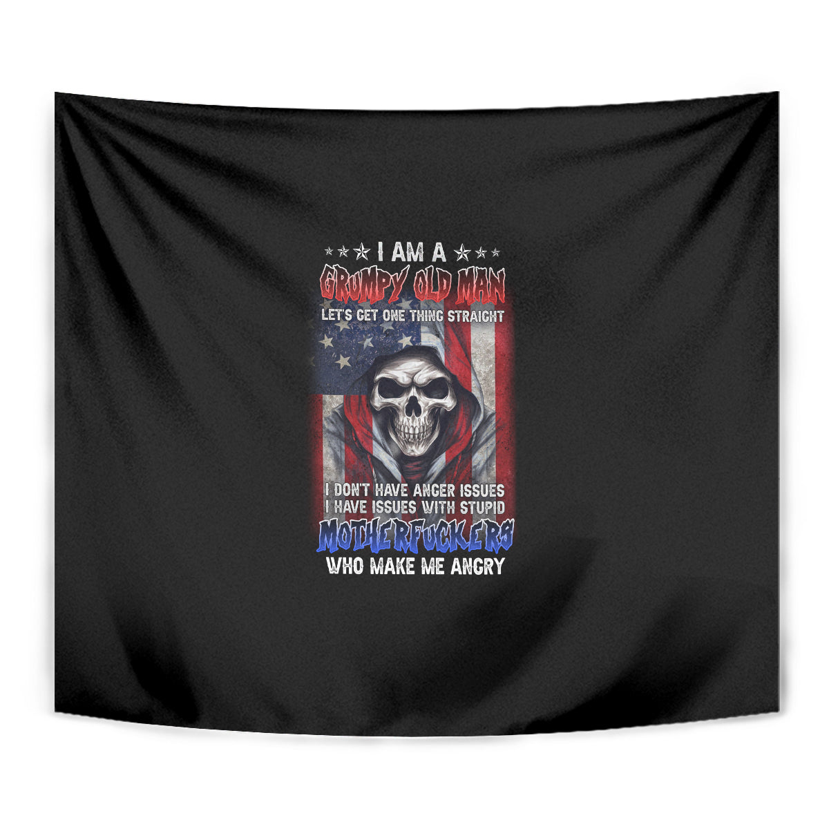 Black tapestry wall hanging, centered skull design with colorful patriotic message
