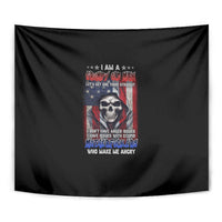 Black tapestry wall hanging, centered skull design with colorful patriotic message