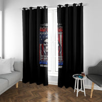 Black window curtain panels with vertical skull and multicolor motto graphic, living room view.