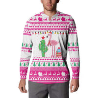 Pink Flamingo Christmas Button Sweatshirt Xmas Holiday Patterns - Wonder Print Shop