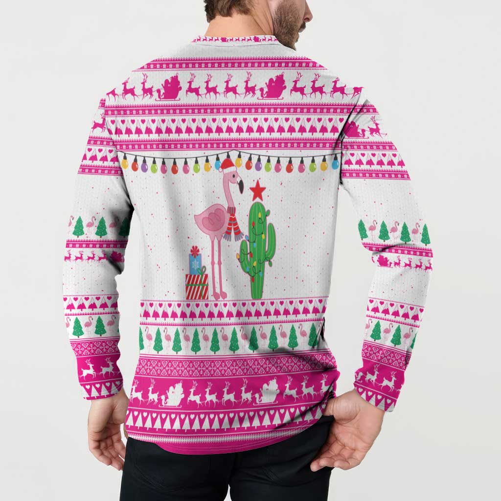 Pink Flamingo Christmas Button Sweatshirt Xmas Holiday Patterns - Wonder Print Shop