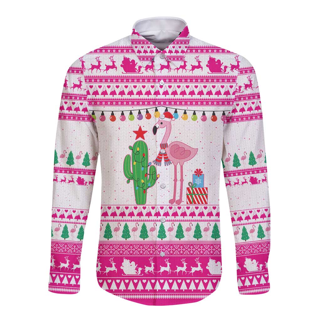 Pink Flamingo Christmas Long Sleeve Button Shirt Xmas Holiday Patterns - Wonder Print Shop