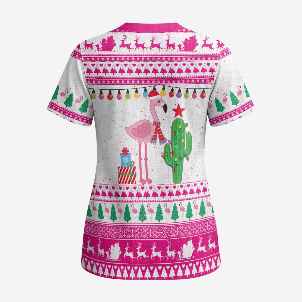 Pink Flamingo Christmas Scrub Top Xmas Holiday Patterns - Wonder Print Shop