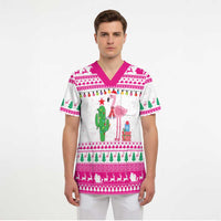 Pink Flamingo Christmas Scrub Top Xmas Holiday Patterns - Wonder Print Shop