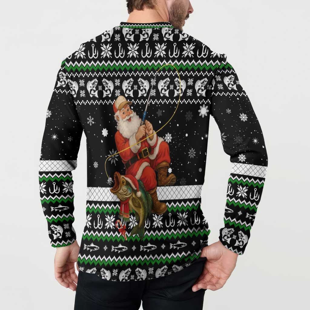 Santa Claus Fishing Christmas Button Sweatshirt Xmas Holiday Patterns - Wonder Print Shop