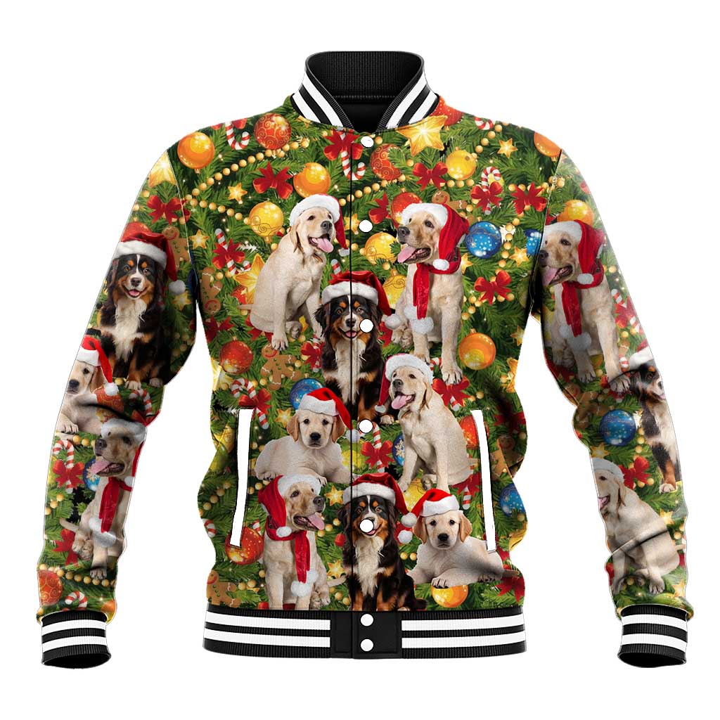 Christmas Dogs Baseball Jacket with Santa Hats and Festive Ornament Pattern - Wonder Print Shop
