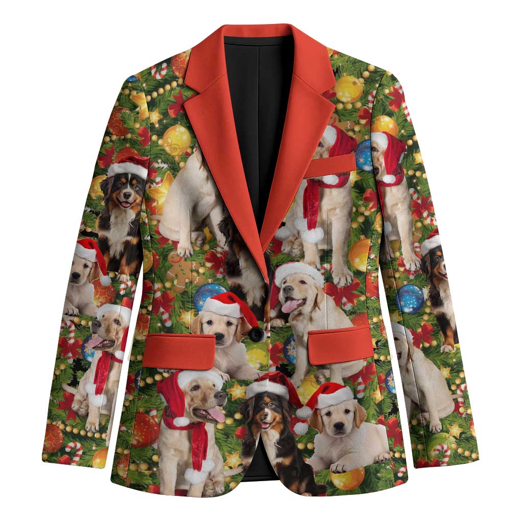 Christmas Dogs Blazer with Santa Hats and Festive Ornament Pattern - Wonder Print Shop