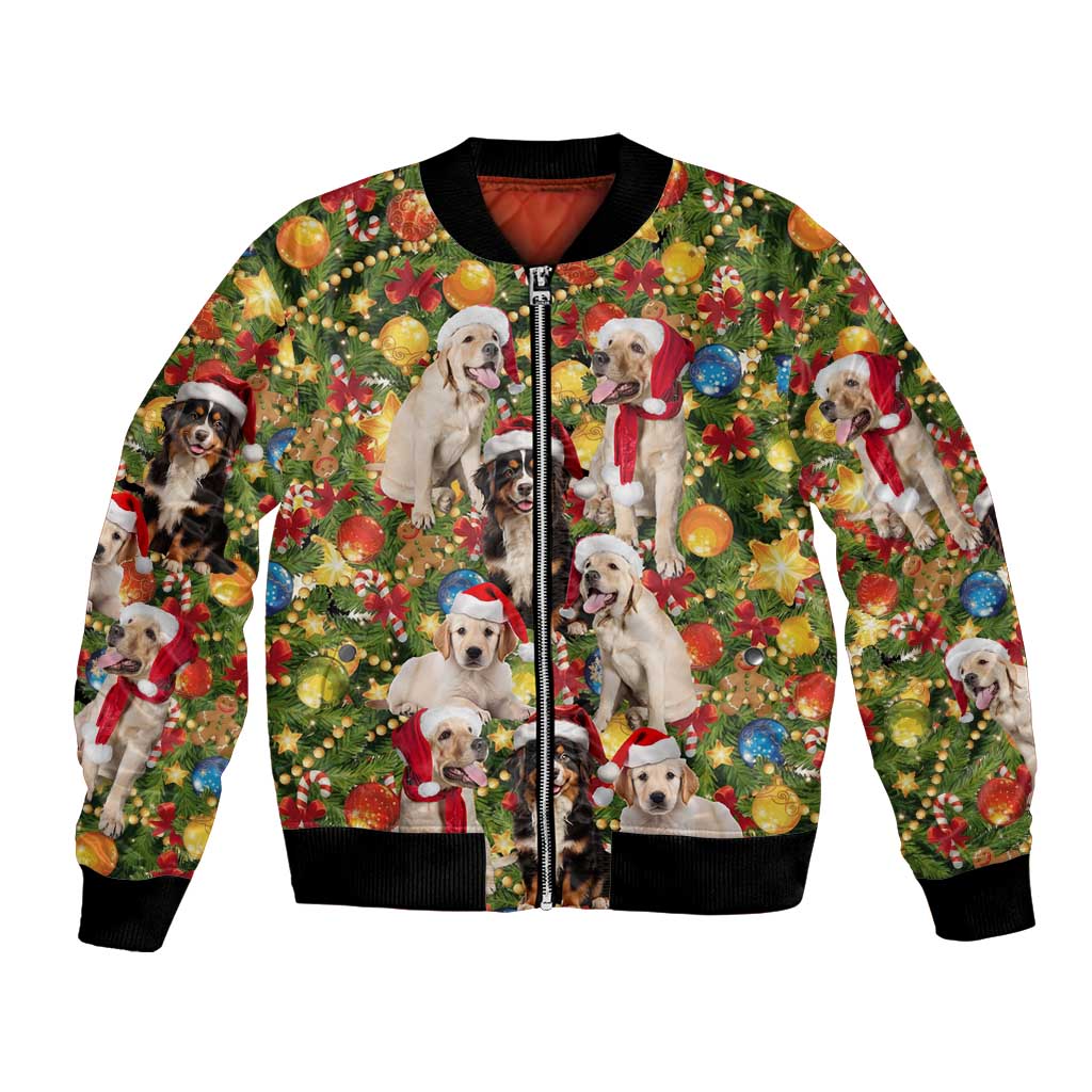 Christmas Dogs Bomber Jacket with Santa Hats and Festive Ornament Pattern - Wonder Print Shop