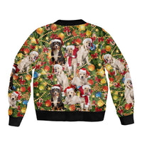 Christmas Dogs Bomber Jacket with Santa Hats and Festive Ornament Pattern - Wonder Print Shop