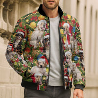 Christmas Dogs Bomber Puffer Jacket with Santa Hats and Festive Ornament Pattern - Wonder Print Shop