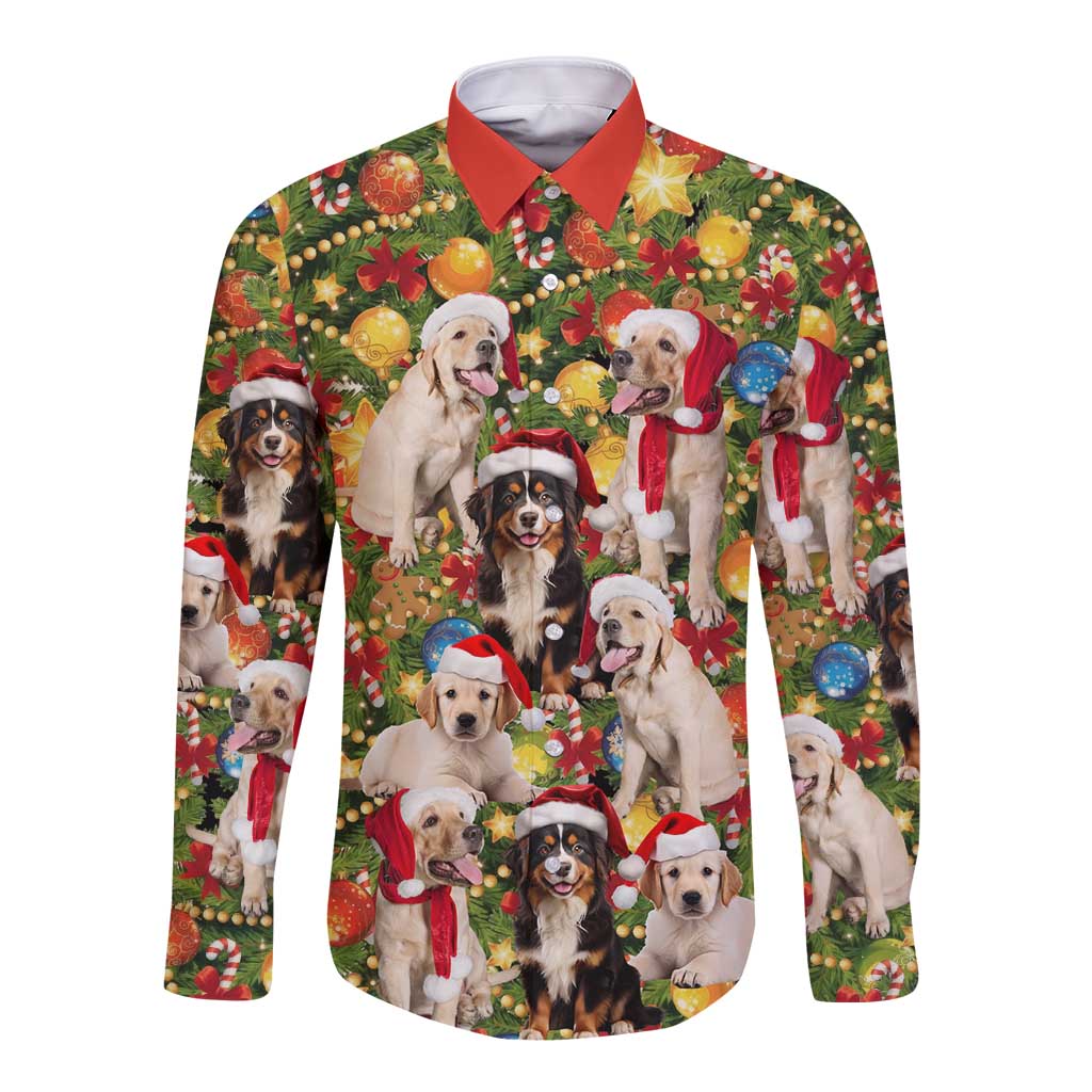 Christmas Dogs Long Sleeve Button Shirt with Santa Hats and Festive Ornament Pattern - Wonder Print Shop