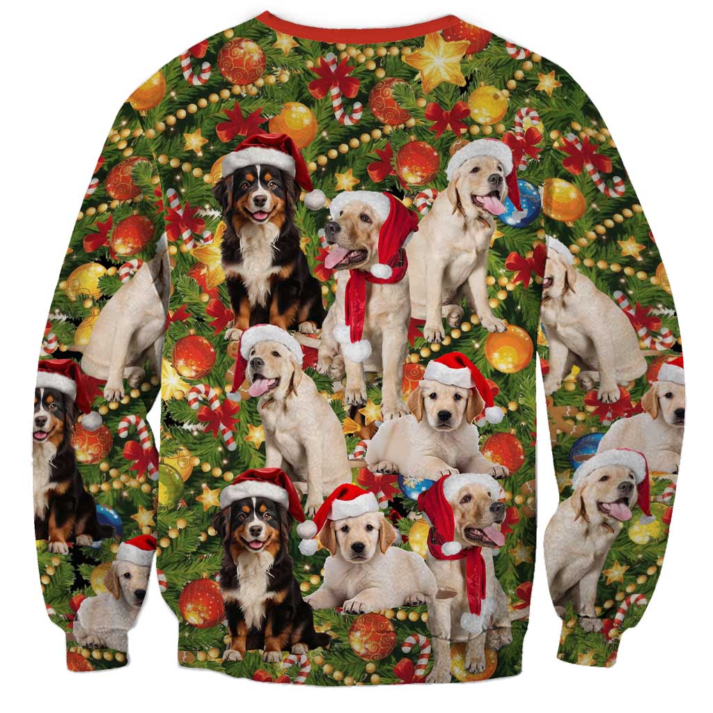 Christmas Dogs Sweatshirt with Santa Hats and Festive Ornament Pattern - Wonder Print Shop