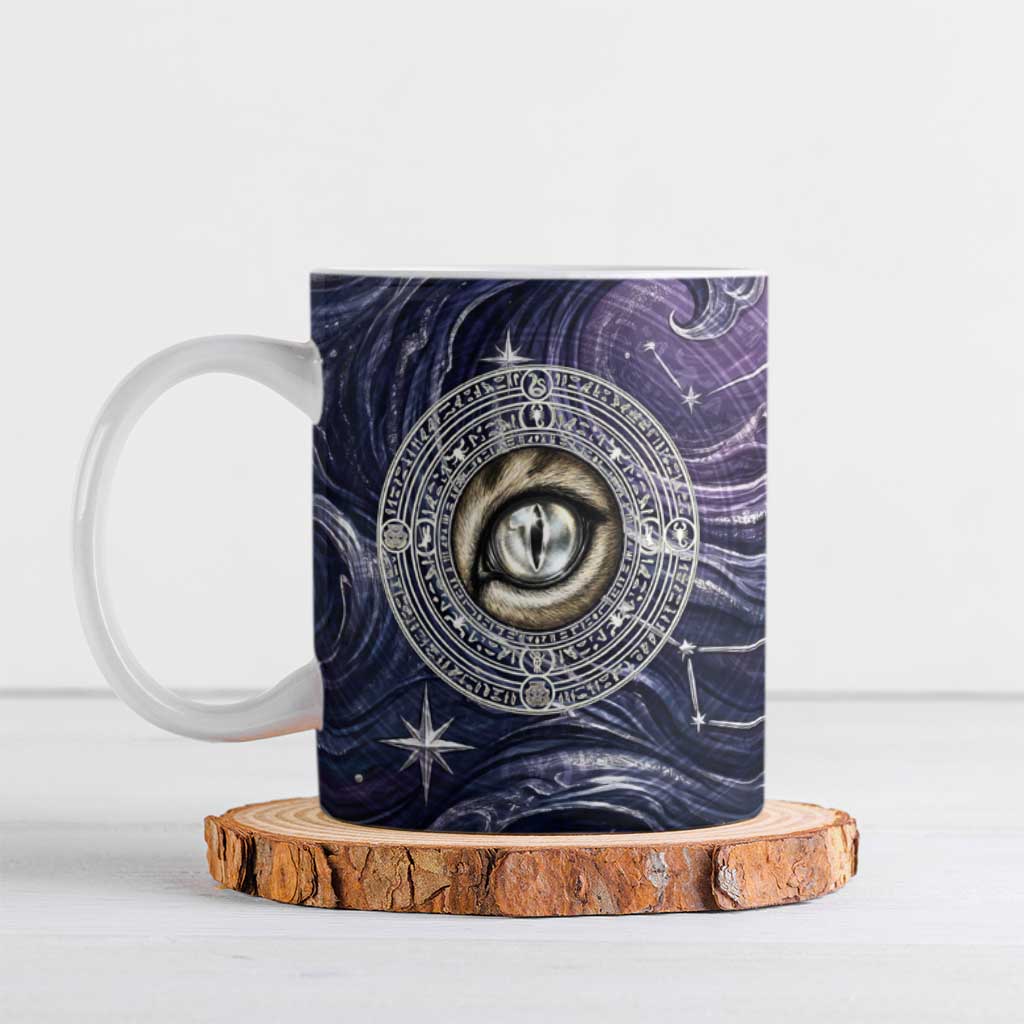 Pakhet Panther Ceramic Mug with Cosmic Feline Eye on Starry Night River