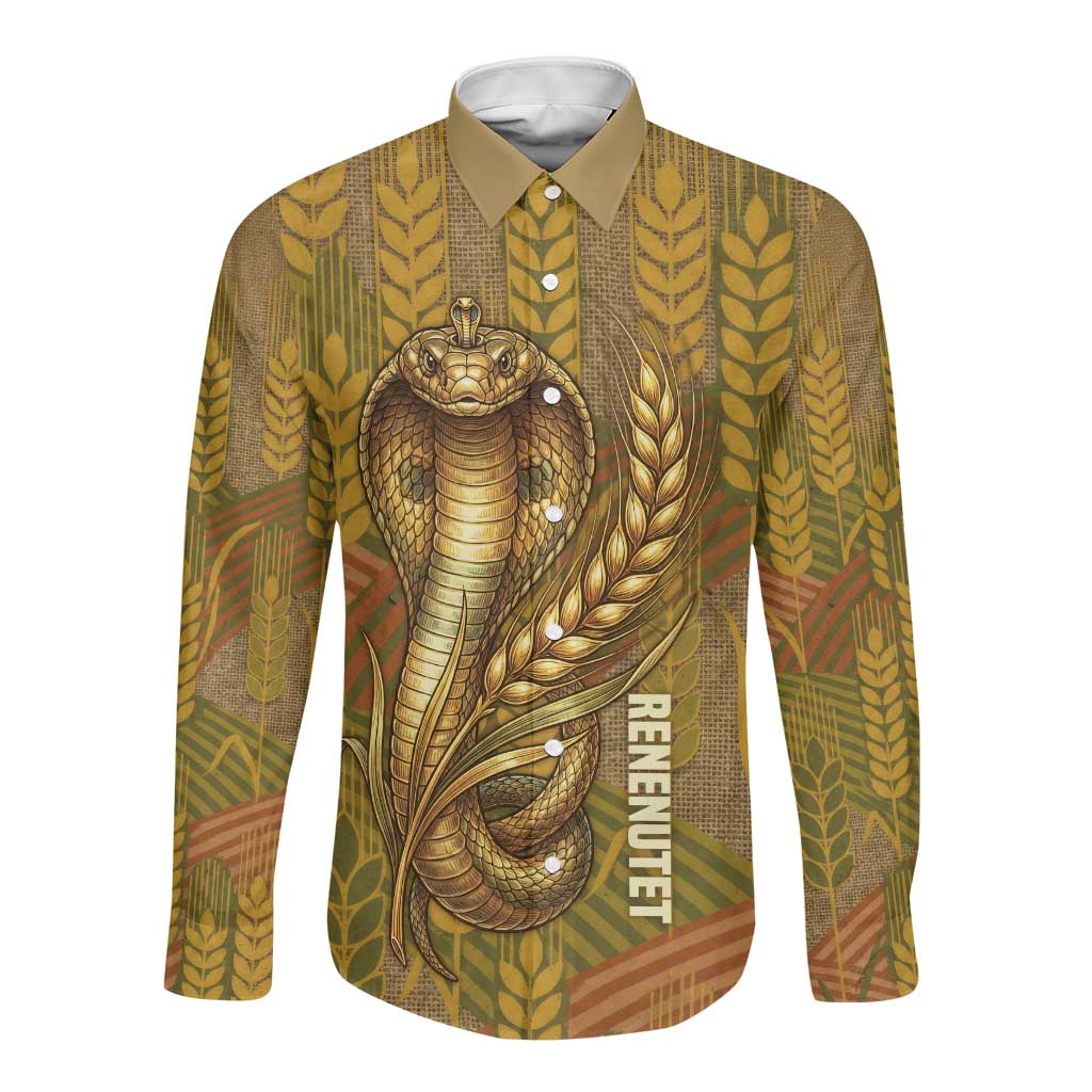 Renenutet  Golden Cobra Long Sleeve Button Shirt with Wheat Motif in Egyptian Agricultural Theme
