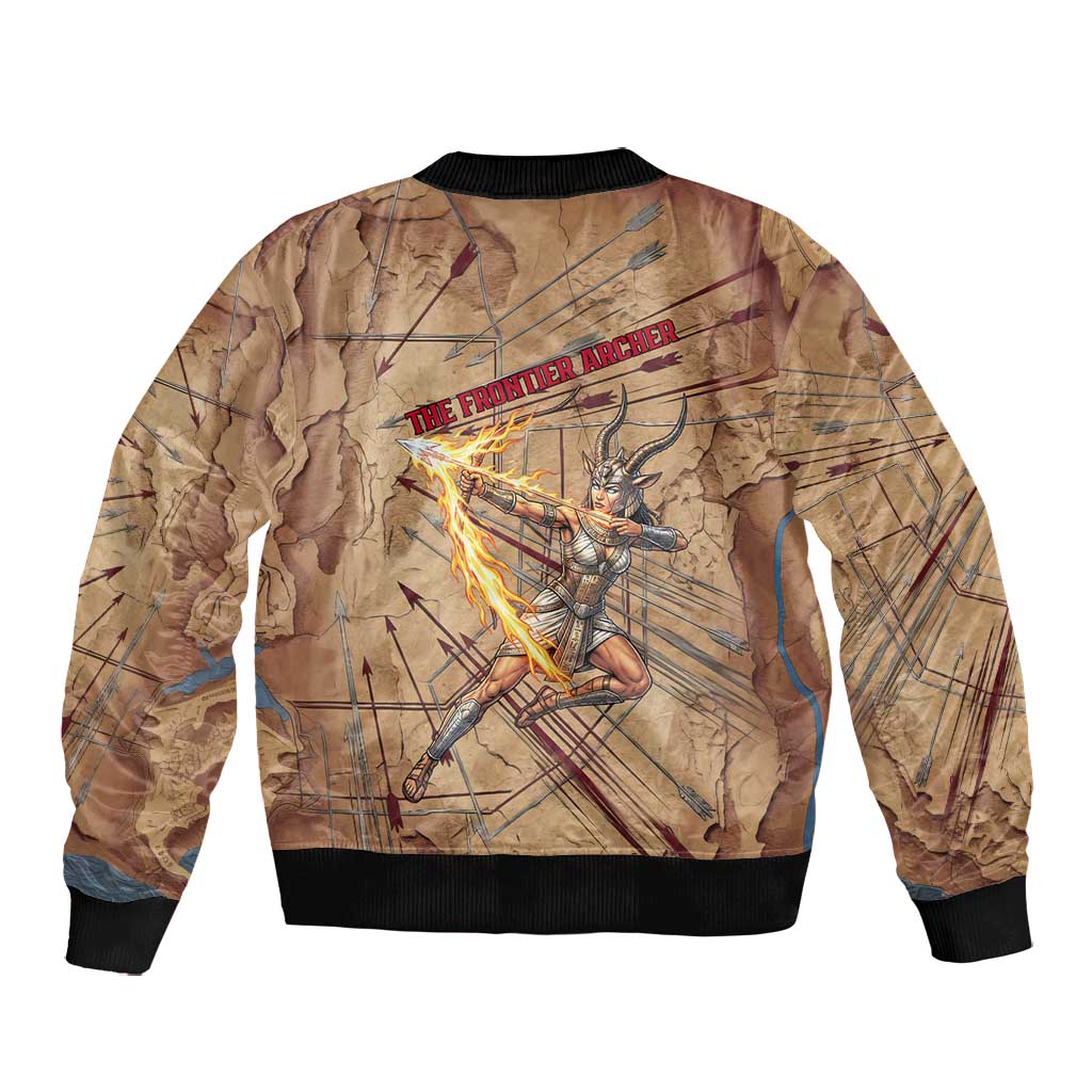 Satis Bomber Jacket with Fiery Bow and Arrow in Ancient Egyptian Warrior