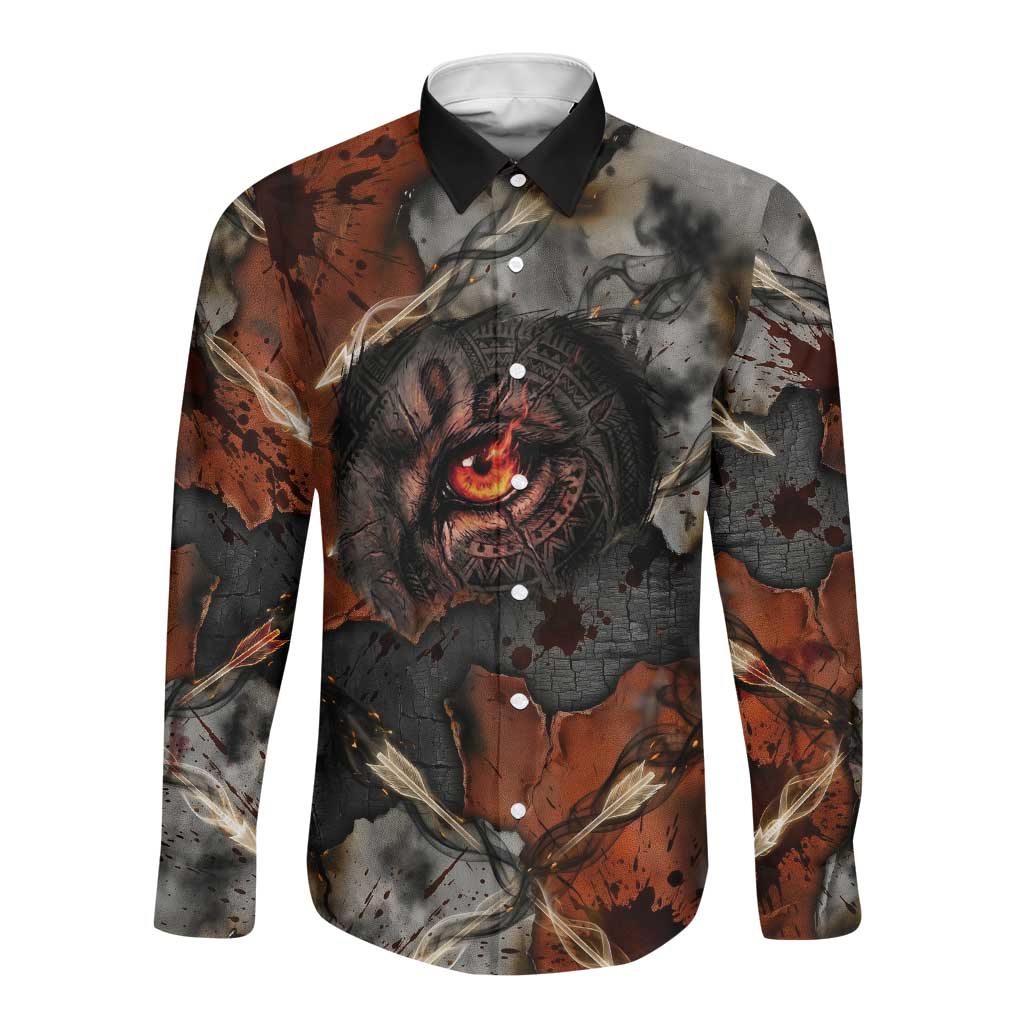 Menhit Egyptian Long Sleeve Button Shirt Warrior Goddess Fiery Lion Eye Arrows and Blood Battle