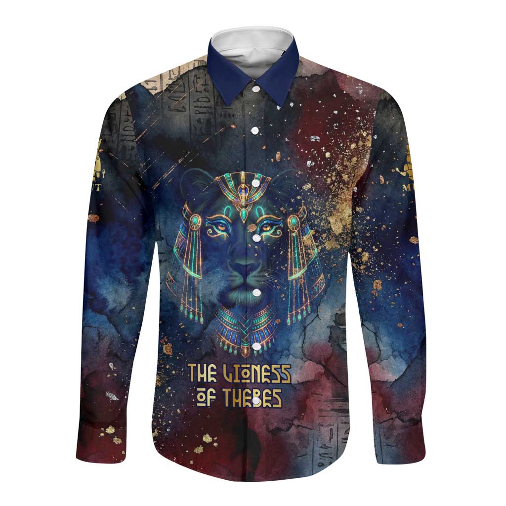 Mut Long Sleeve Button Shirt The Lioness of Thebes Egyptian Goddess Cosmic Crown Adorned Warrior Queen Design