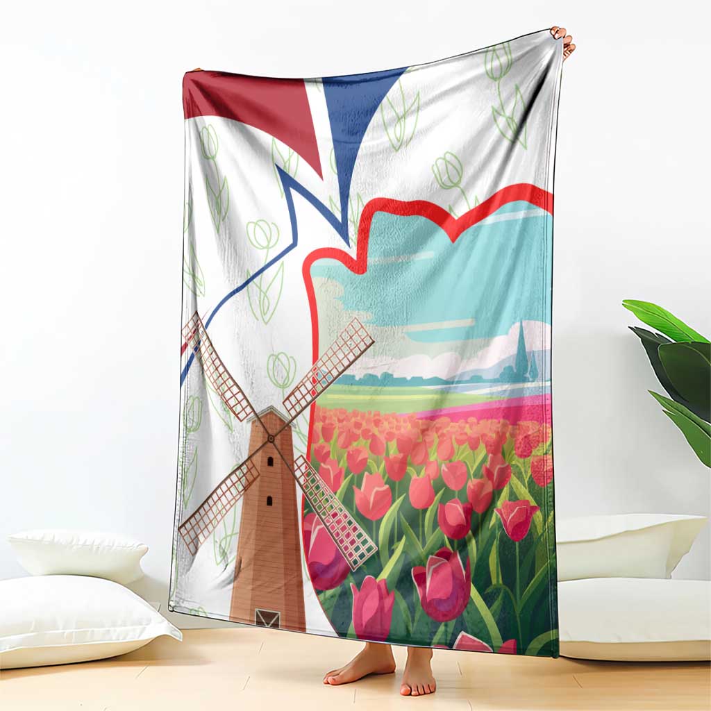 Hanging multicolor Dutch windmill and tulip blanket with red and blue flag accents