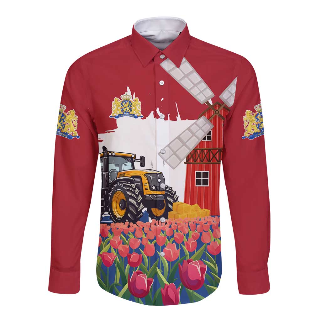 Red long-sleeve button shirt with front farm graphic, tractor and tulip field