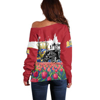Netherlands Farm Landscape Off Shoulder Sweater with Tractor and Tulips