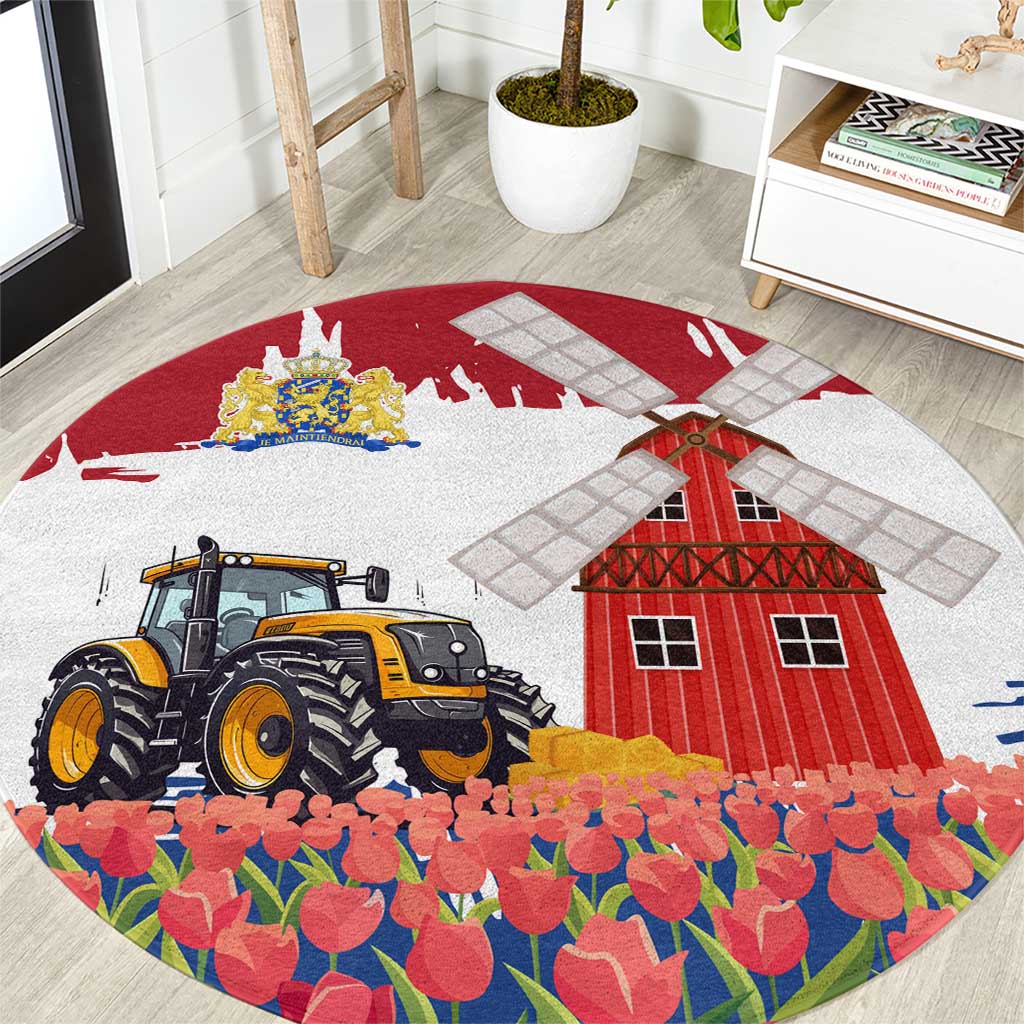 Round farm landscape rug with tractor, red barn, windmill and colorful tulip flowers