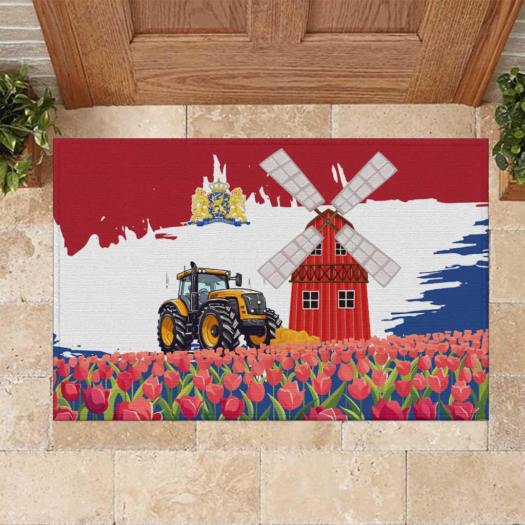 Farm landscape rubber doormat with tractor, windmill and colorful tulips