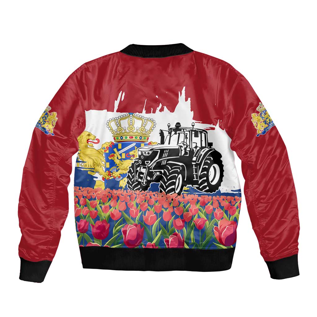 Netherlands Farm Landscape Sleeve Zip Bomber Jacket with Tractor and Tulips