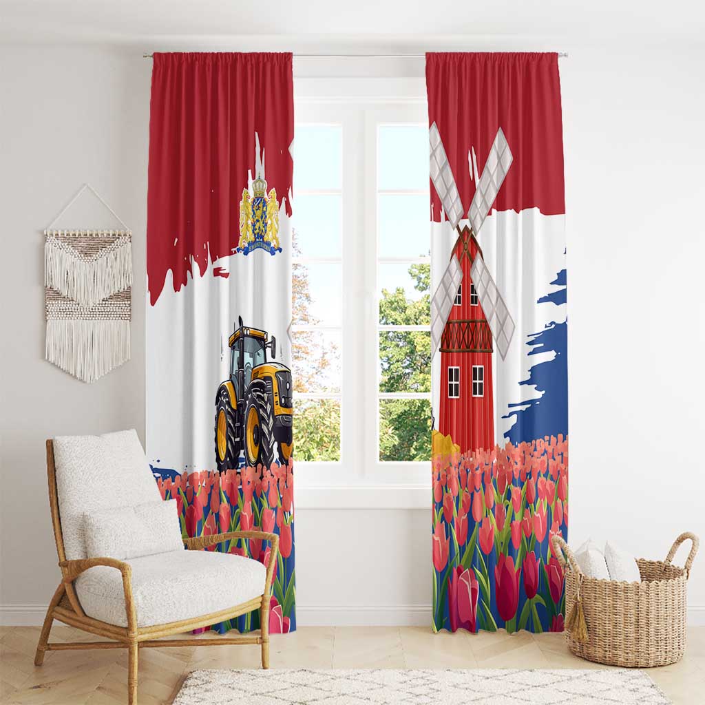 Netherlands Farm Landscape Window Curtain with Tractor and Tulips