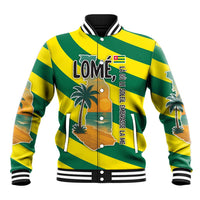 Multicolor tropical baseball jacket with palm trees, ocean sunset, striped rib trim.
