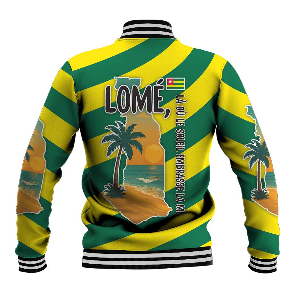 Multicolor tropical baseball jacket, palm tree and sunset graphic, striped rib collar.